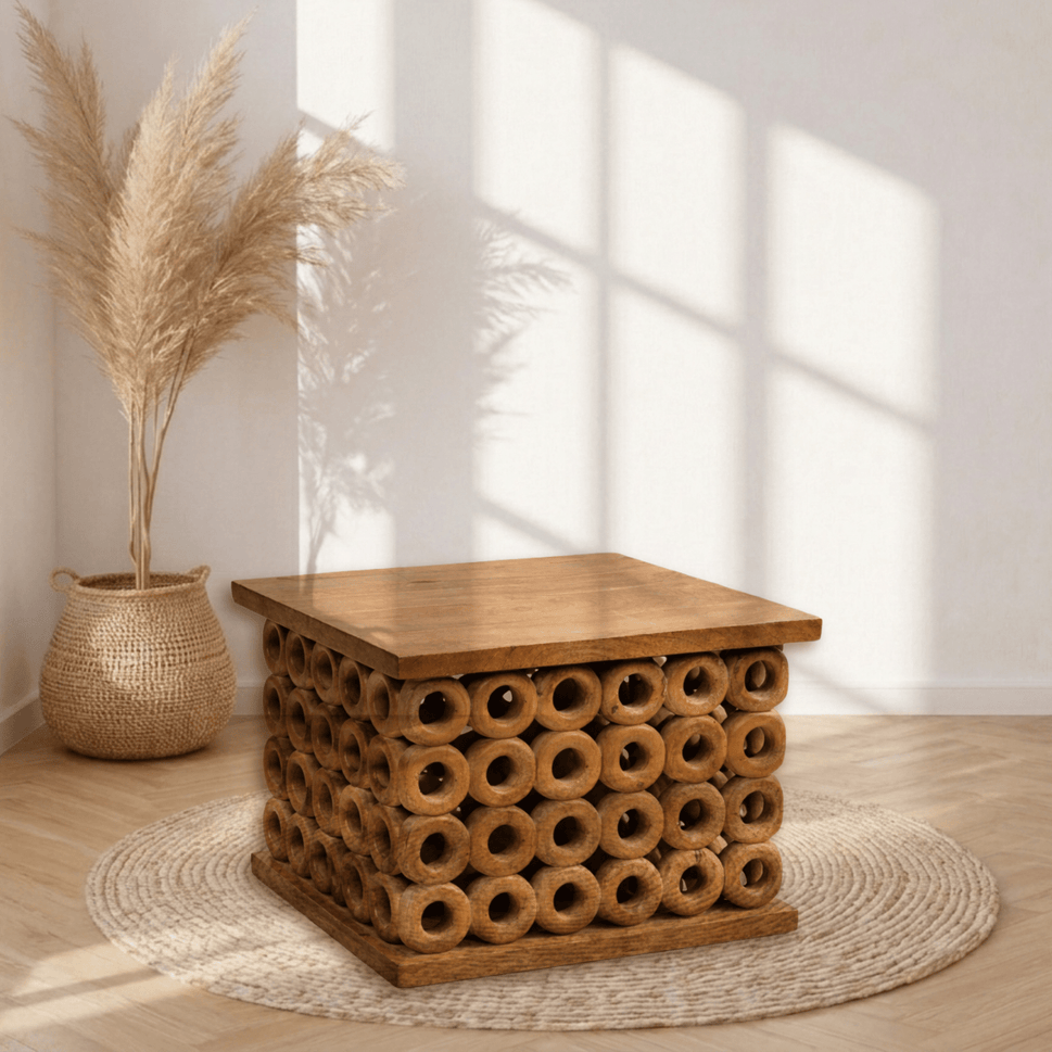 Mango Wood Hand Carved Tea Table with Natural Wood Finish | Dubai UAE