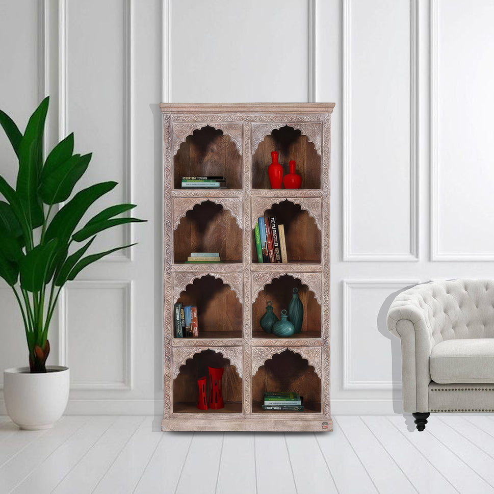 Mango wood hand carved bookcase with cream finish