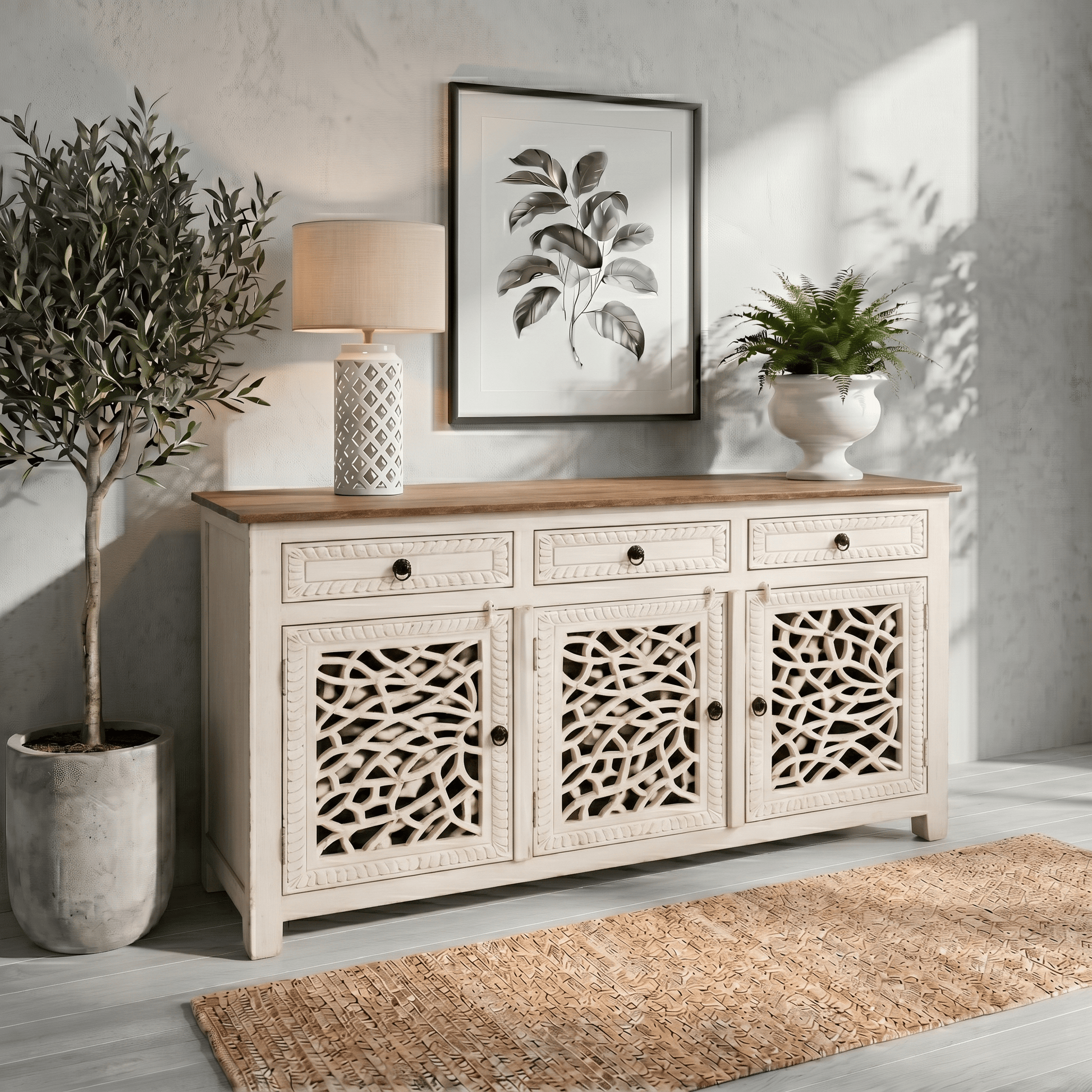 Elegant white wooden storage cabinet with decorative cutwork