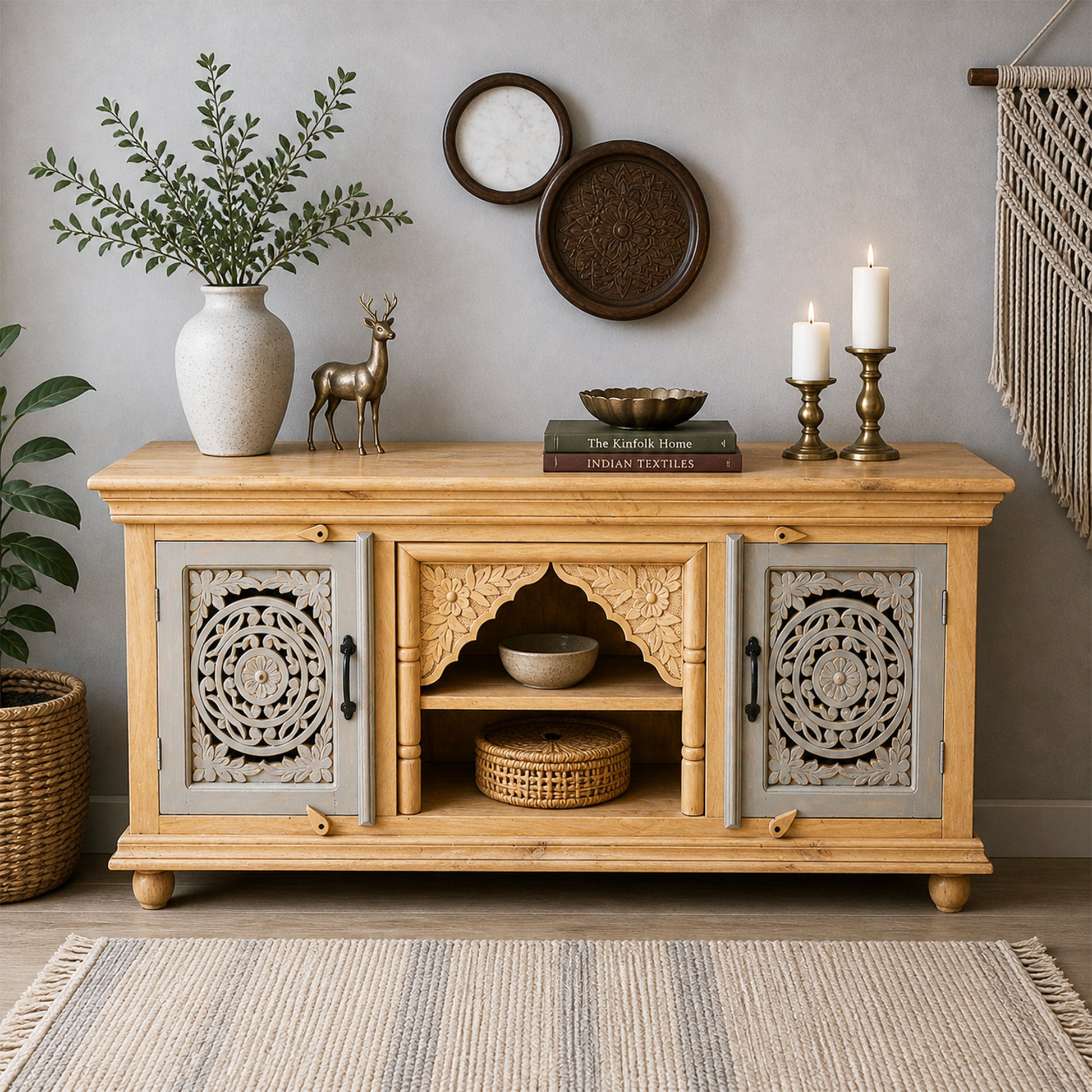 Elegant Wooden TV Stand with Carved Doors & Shelves UAE | Dubai