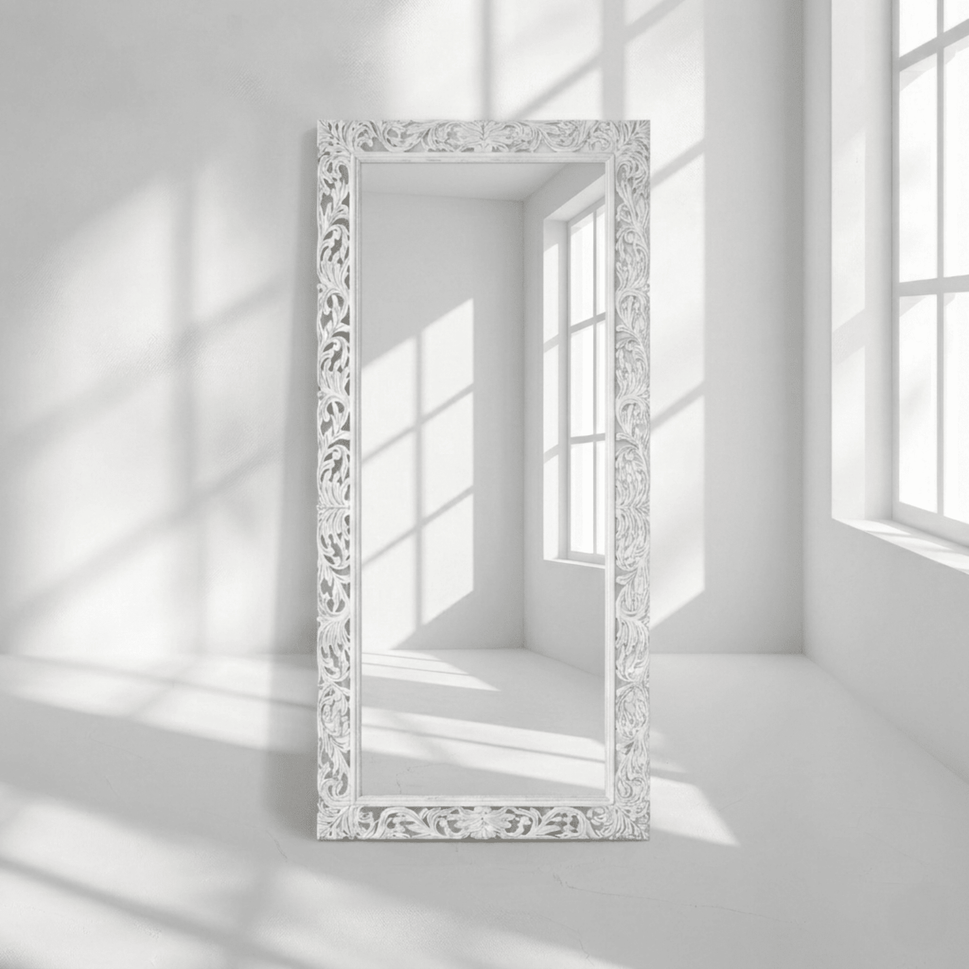Elegant white wooden storage cabinet with decorative cutwork
