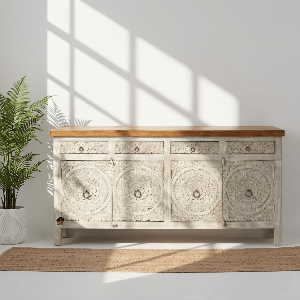 Boho Chic White Sideboard with Floral Medallion Doors