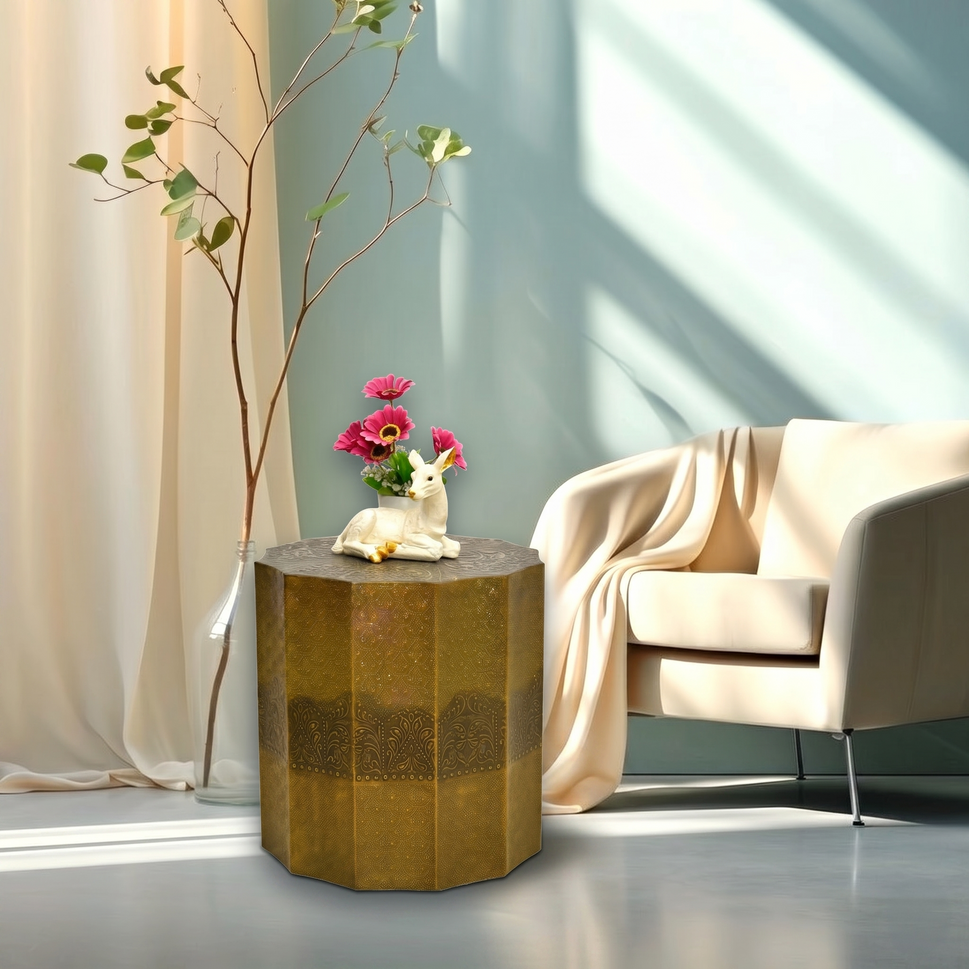 The wood Golden Embossed Hexagonal Side Table | Luxury Accent Table UAE
