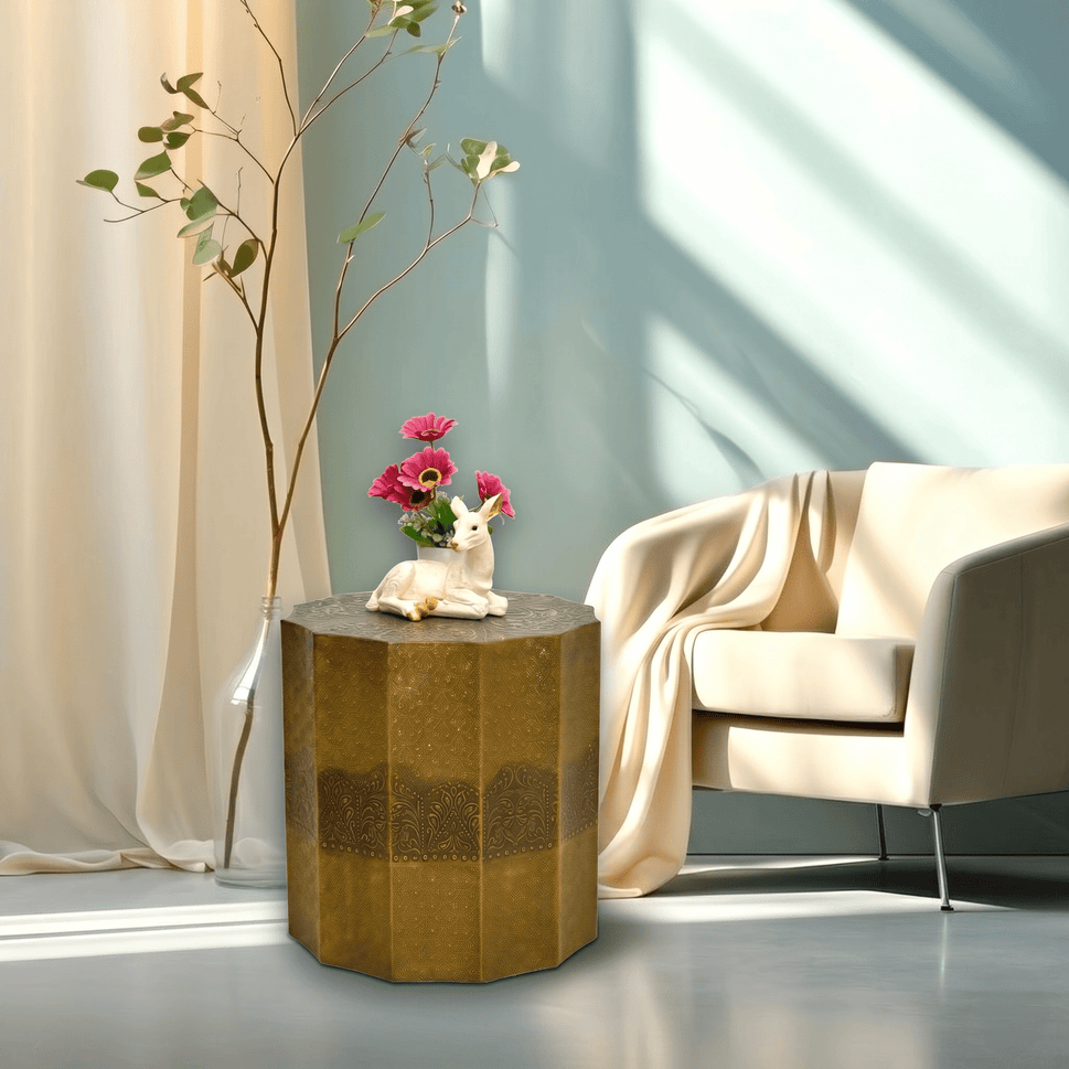 The wood Golden Embossed Hexagonal Side Table | Luxury Accent Table UAE