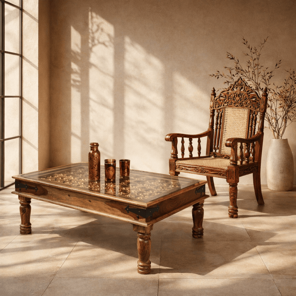 Handicrafted solid wood coffee & side table with brass inlay top | Dubai UAE