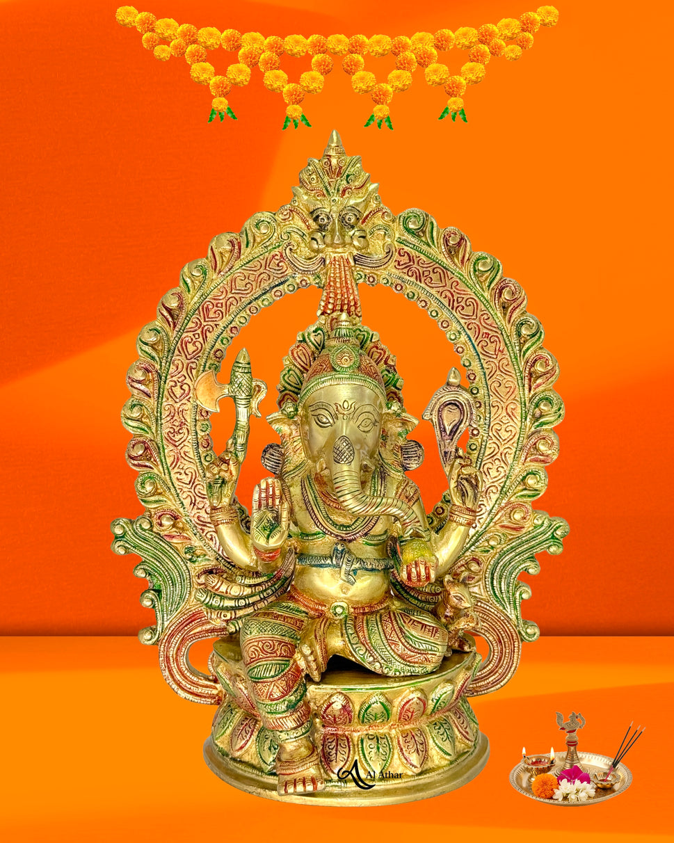 Brass Ganesha Sitting Idol With Meena Work 14X11 inches For Home Decoration