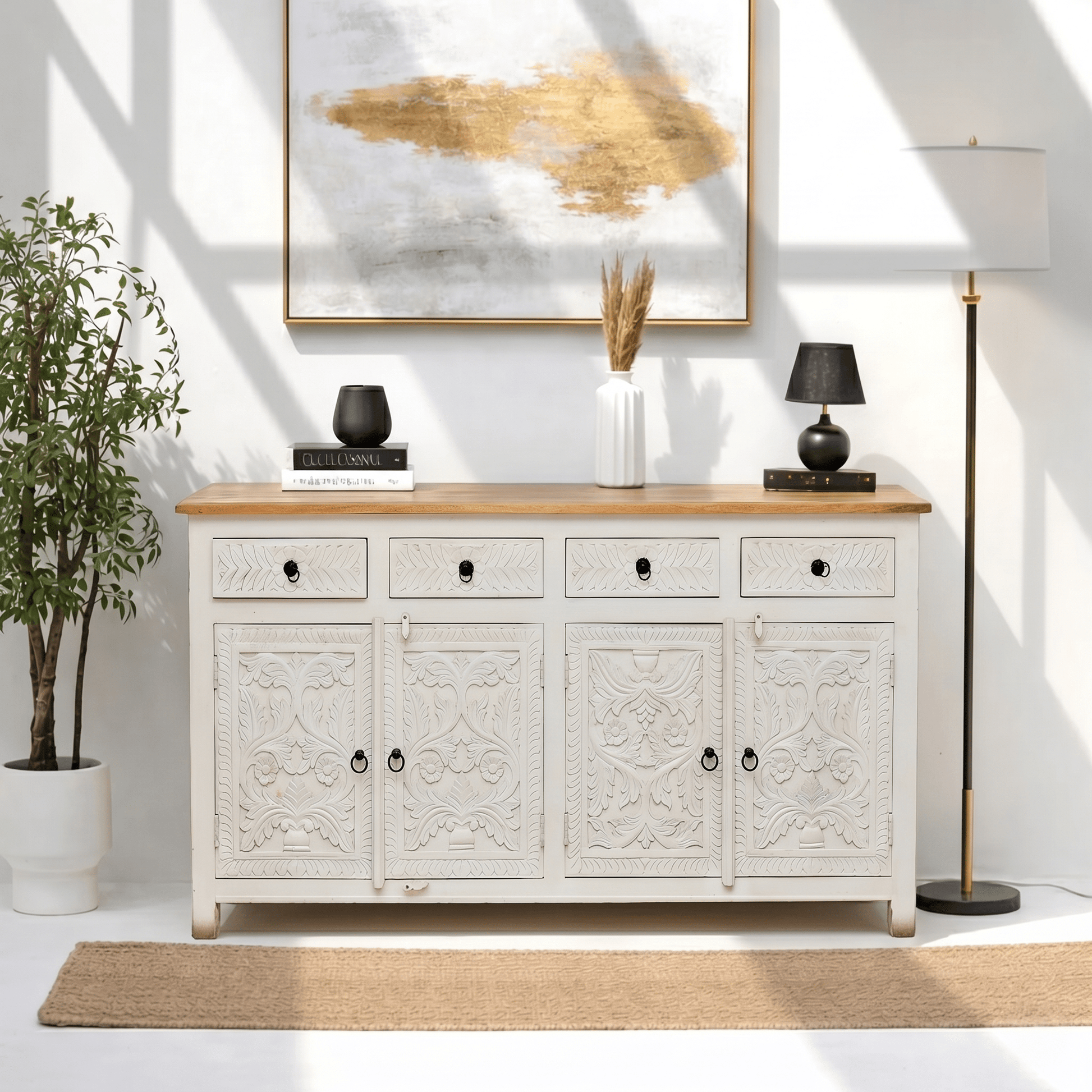 Elysia White Hand-Carved Sideboard cabinet – 4 Door 4 Drawer Storage Console
