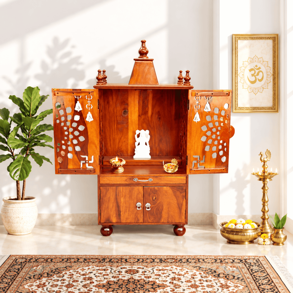 Wooden pooja home temple with door and storage box