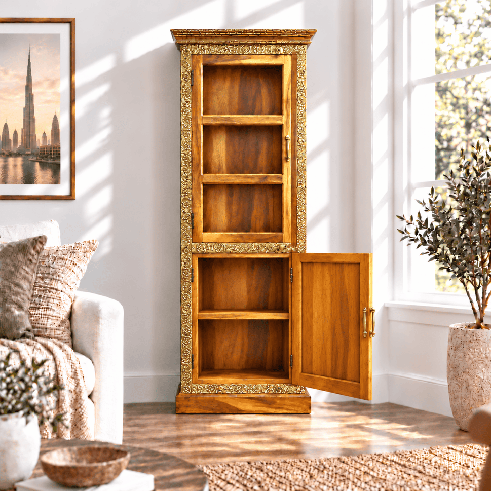 Handcrafted Teak wood Cabinet With Glass Brass