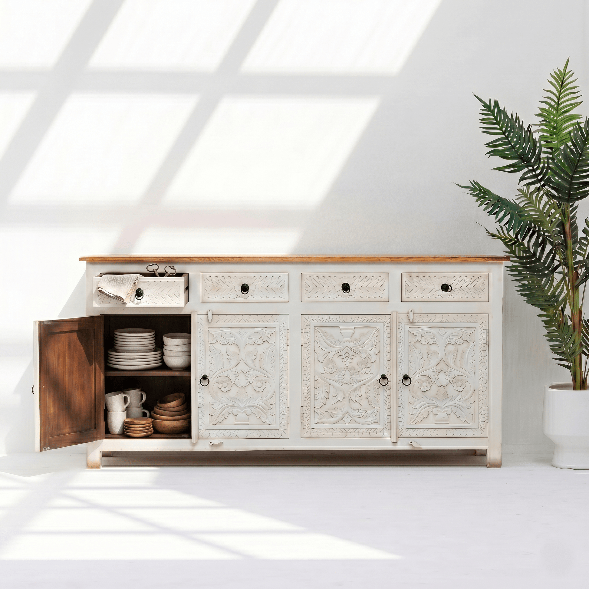 Elysia White Hand-Carved Sideboard cabinet – 4 Door 4 Drawer Storage Console