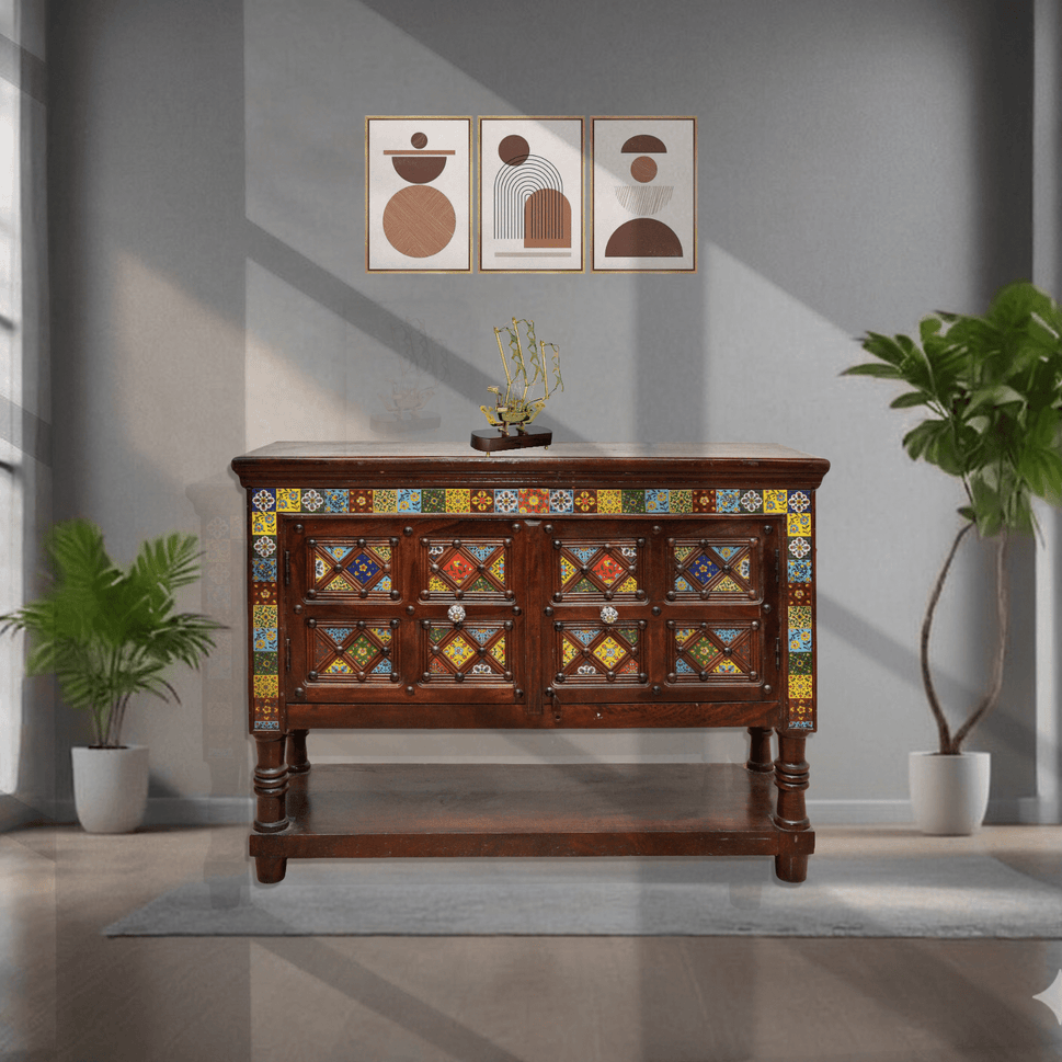 Bohemian Moroccan Tile Inlay Sideboard Cabinet UAE Sheesham Wood