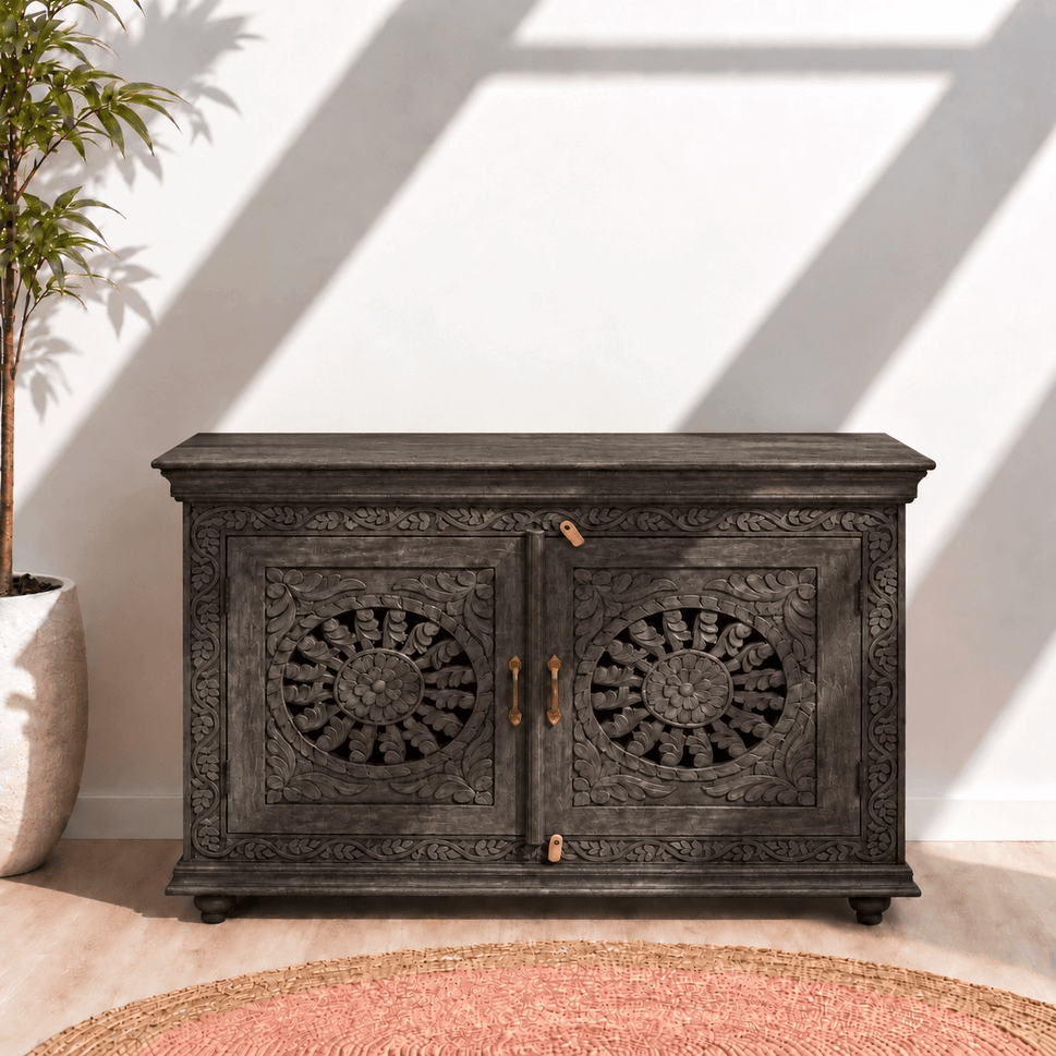 Unique Hand-Carved Mango Wood Sideboard for Villas and Homes