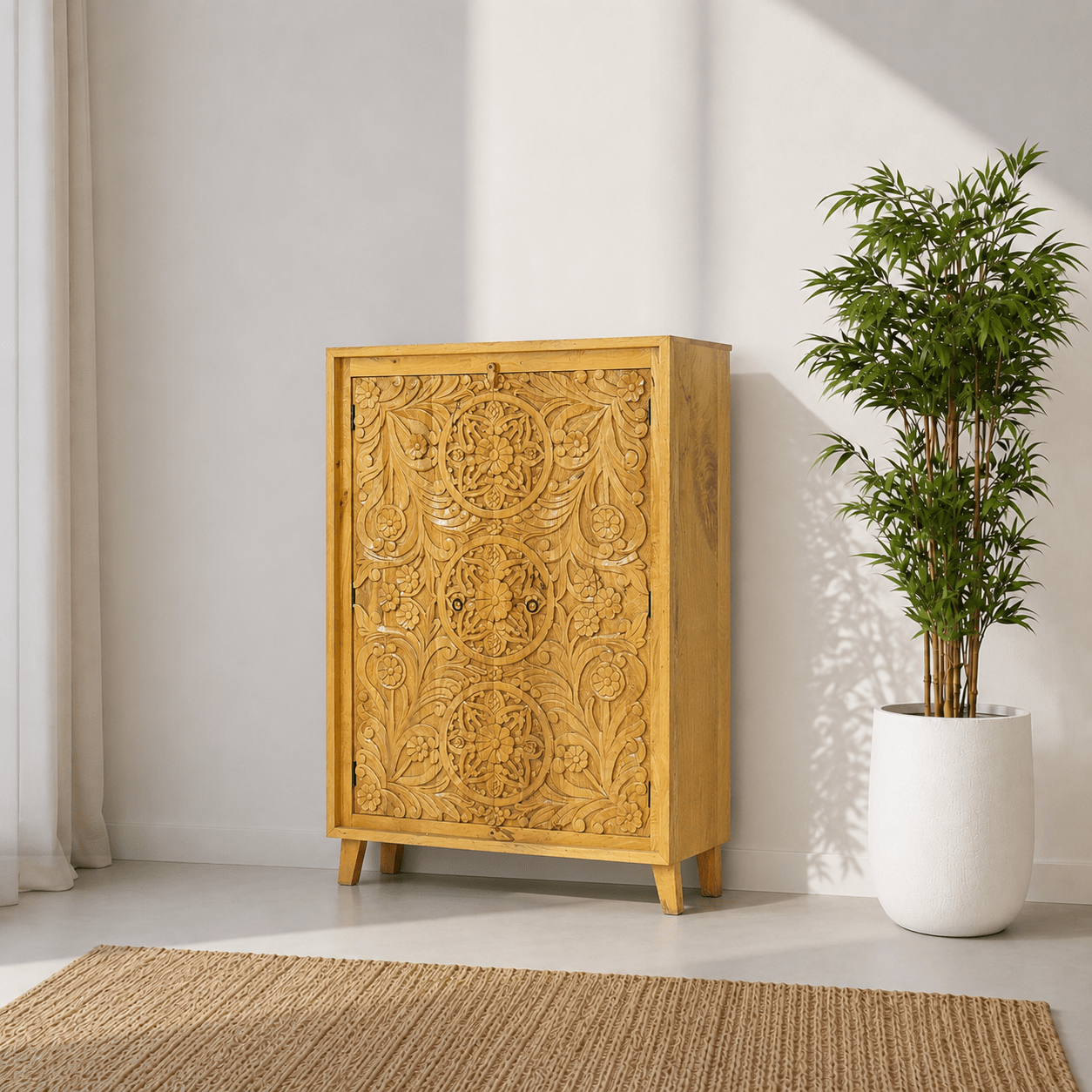 Elegant Hand Carved Mango Wood Accent Cabinet with natural wood finish