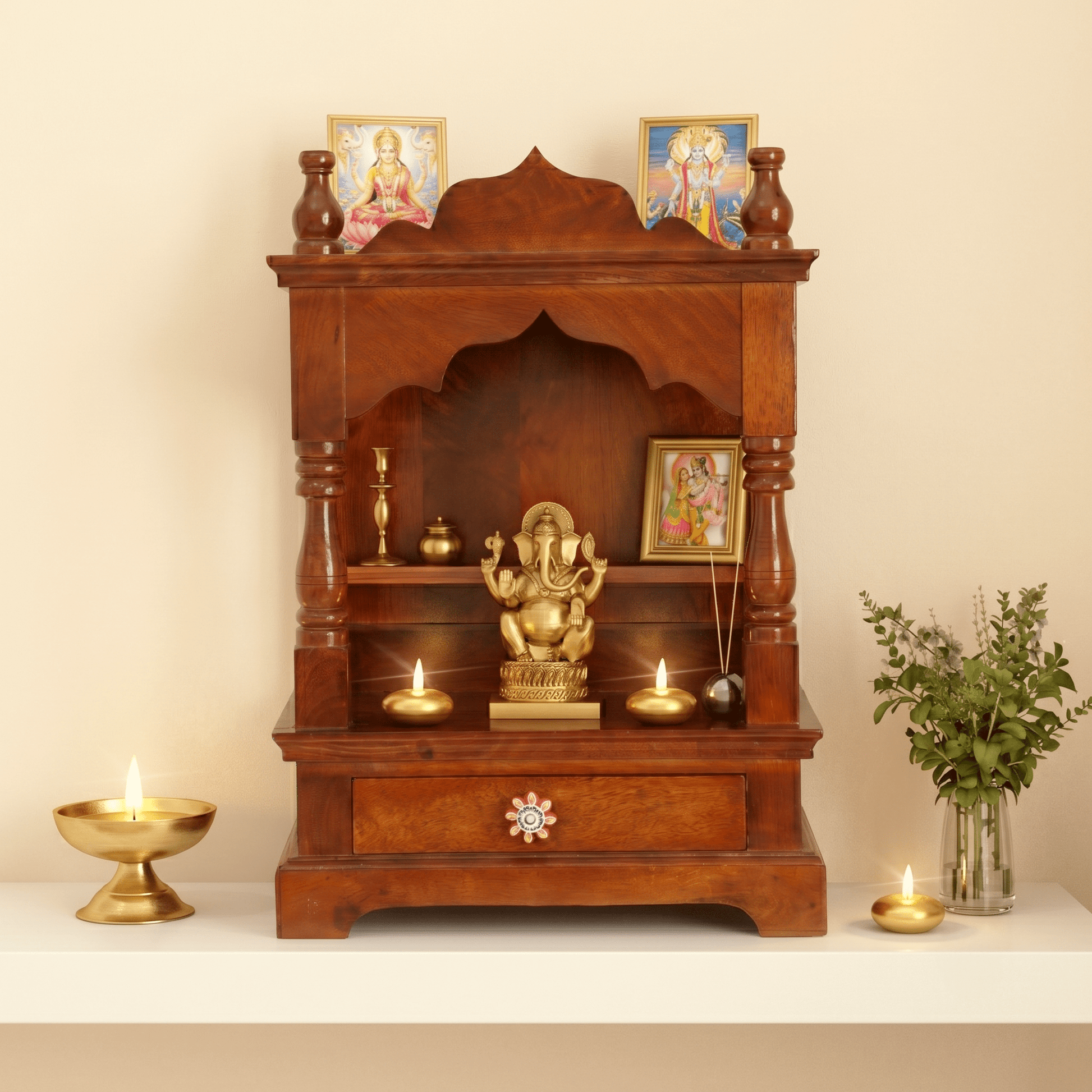 Divine Wooden Home Temple with Traditional Arch Design