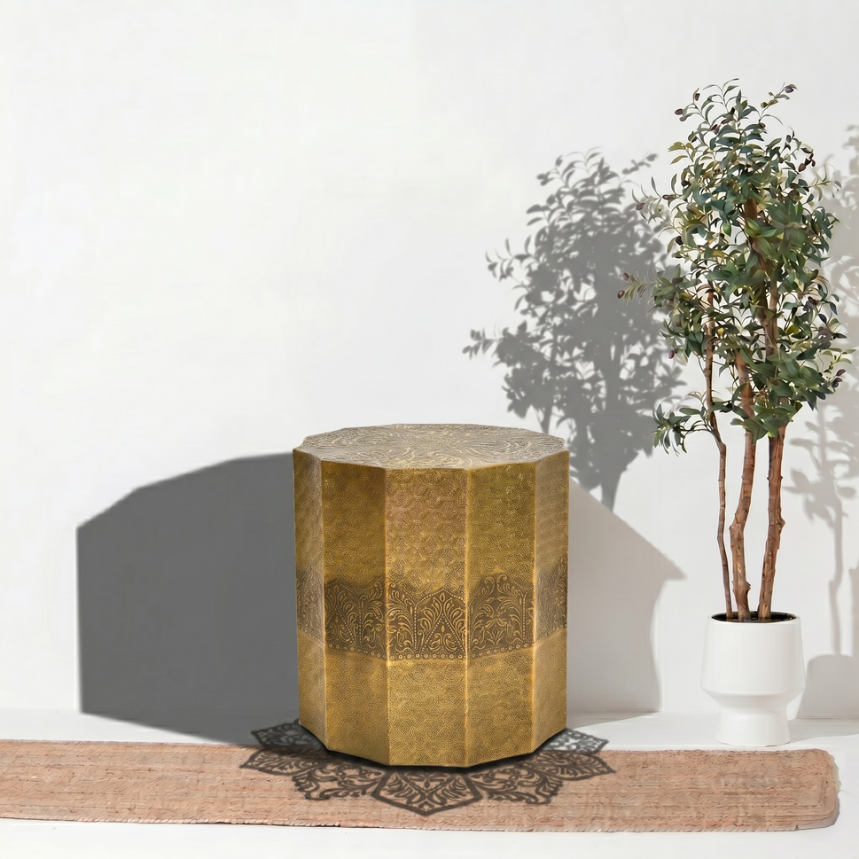 The wood Golden Embossed Hexagonal Side Table | Luxury Accent Table UAE