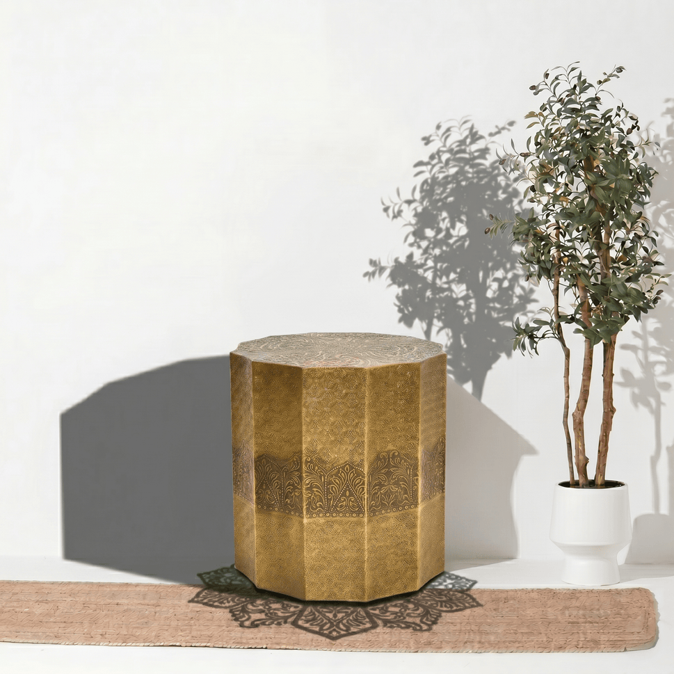 The wood Golden Embossed Hexagonal Side Table | Luxury Accent Table UAE