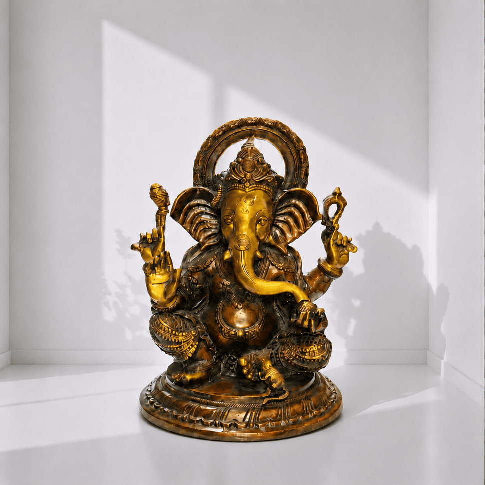 Royal Sitting Ganesha Idol With Antique Brass Finish