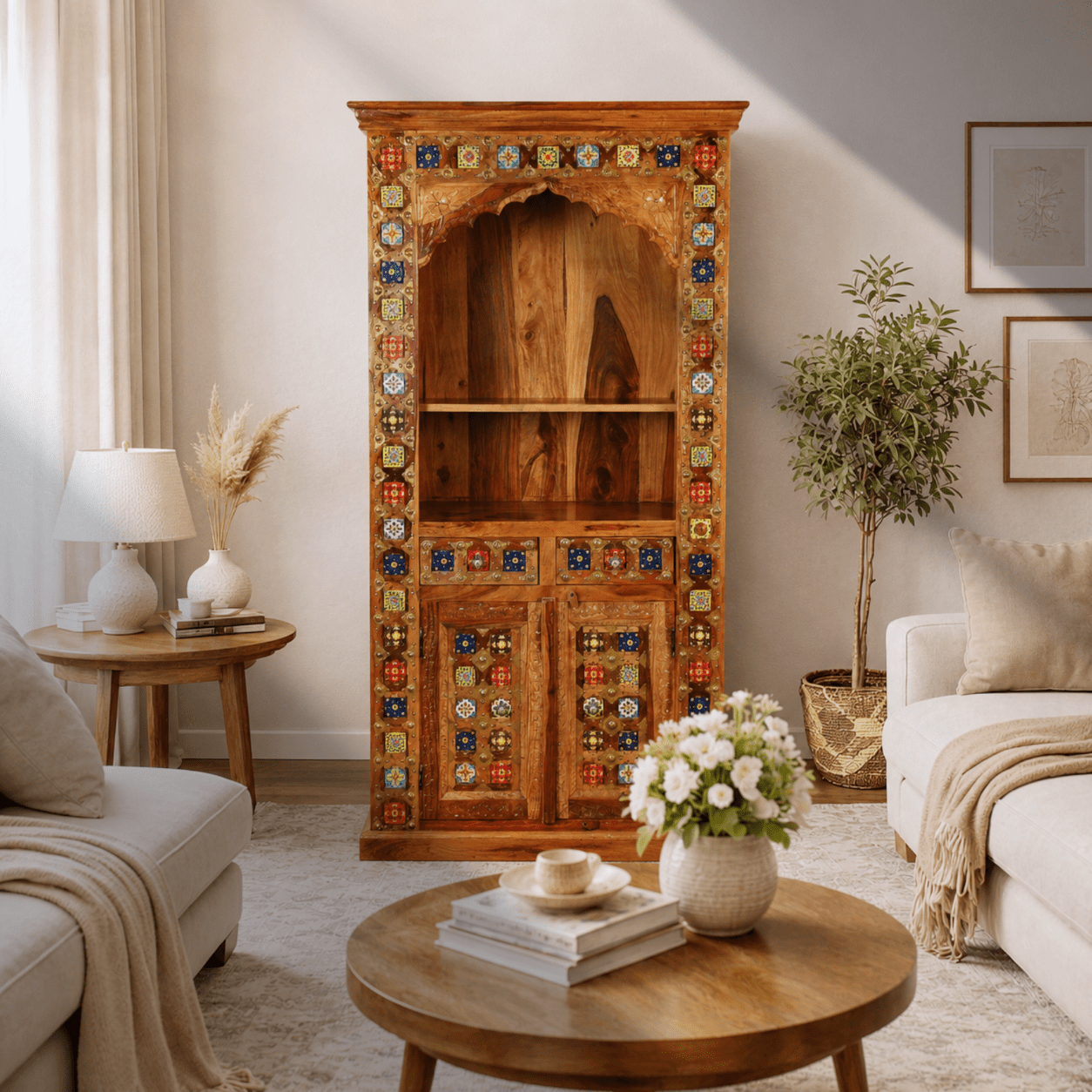 Luxury Sheesham Wood Prayer Shelf with Handcrafted Tiles & Storage