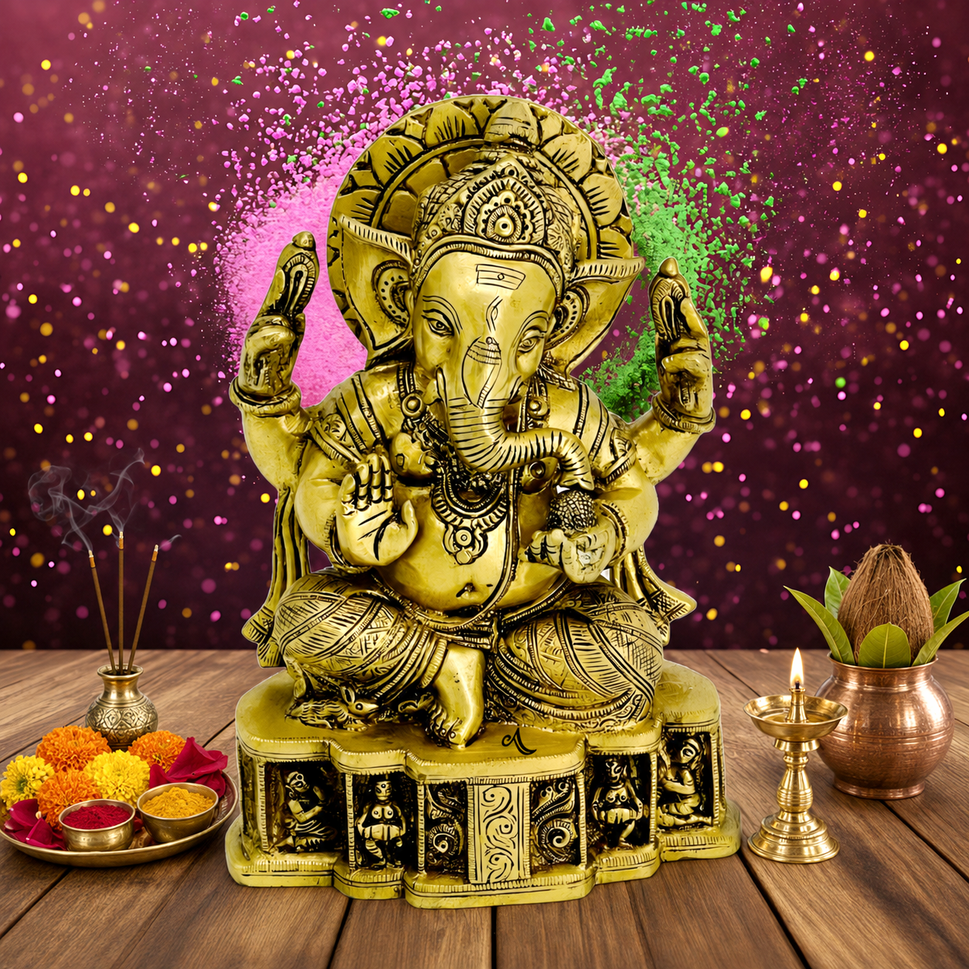 Brass Sitting Ganesha With Golden Brass With Super Fine Hand Work 9.5 Inches Tall