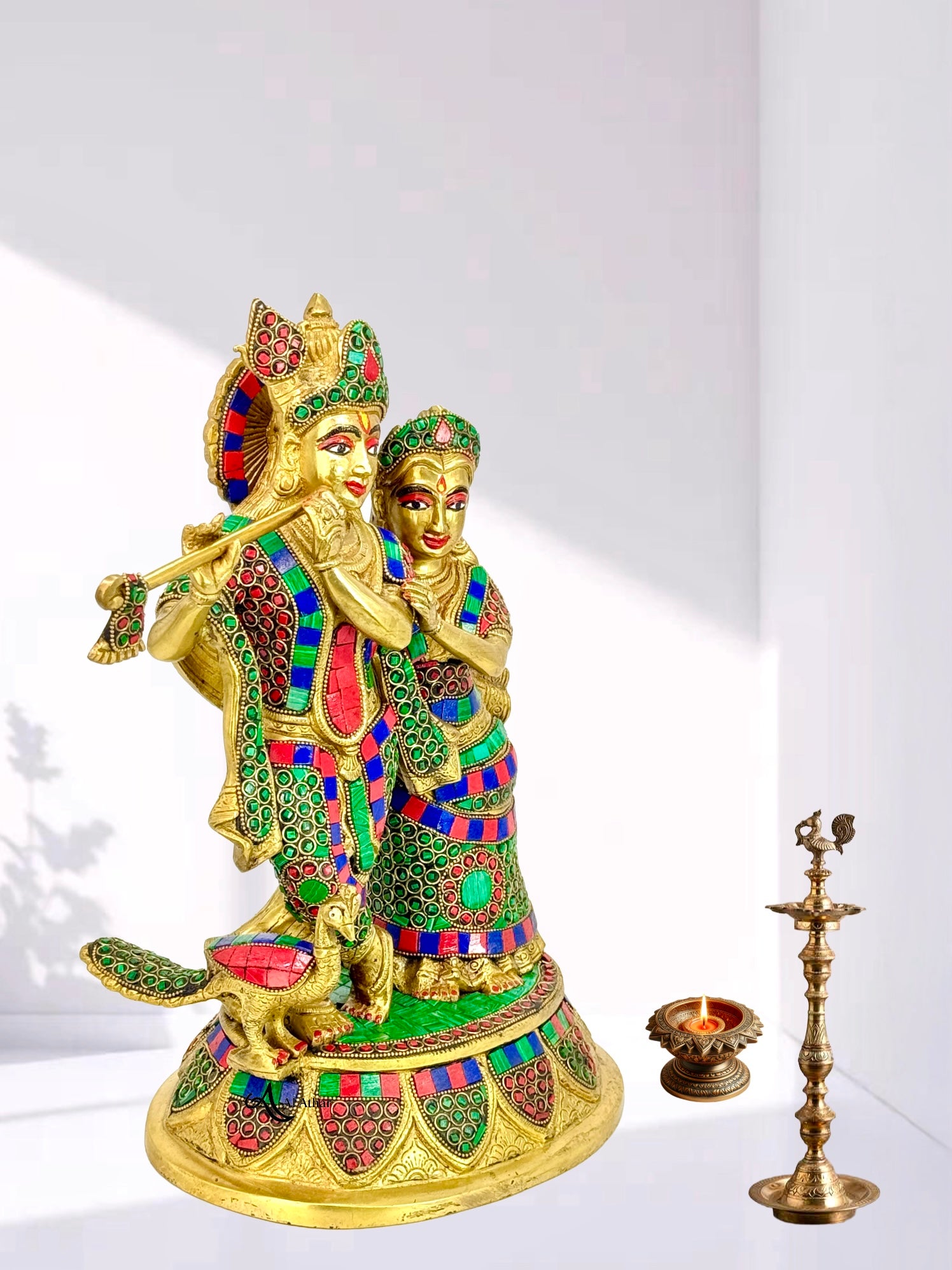 Brass Radha Krishna idol pair with stone work