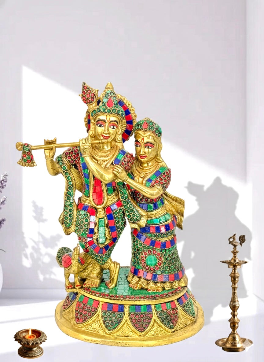 Brass Radha Krishna idol pair with stone work