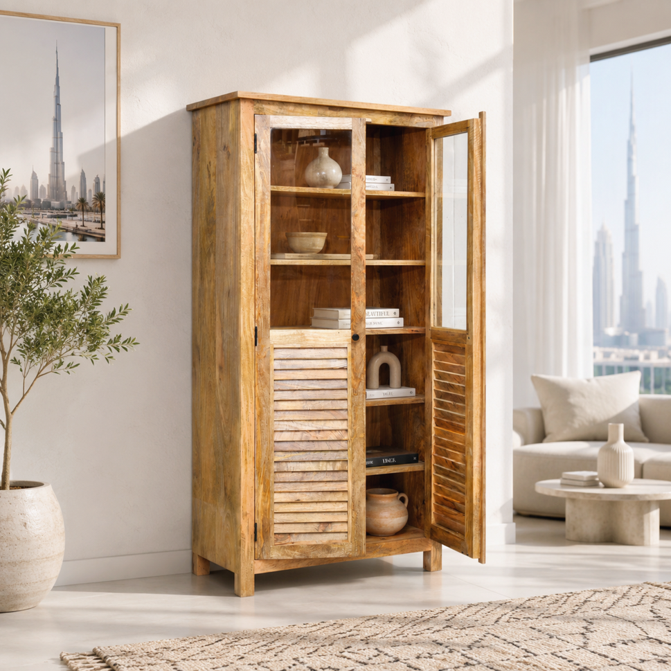 Modern Rustic Solid Mango Wood Glass Display Cabinet
