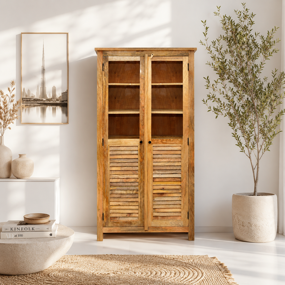 Modern Rustic Solid Mango Wood Glass Display Cabinet