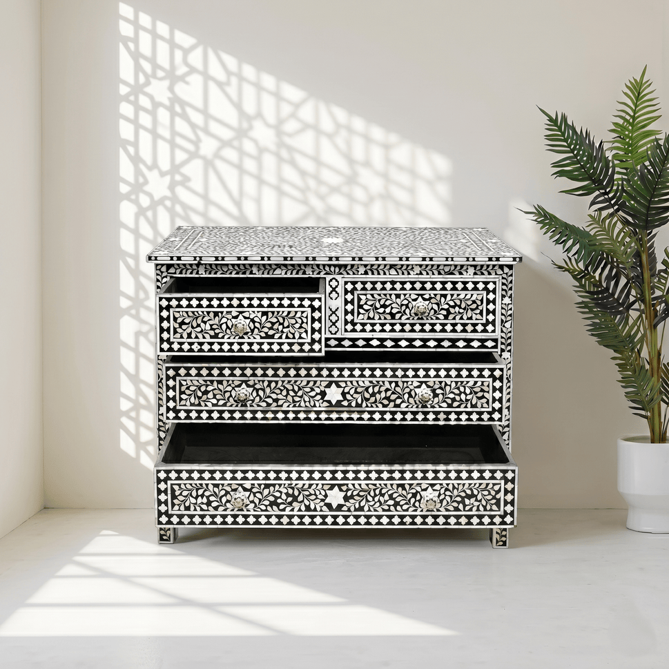 Yasmine Boho chic black & white dresser, bone inlay chest