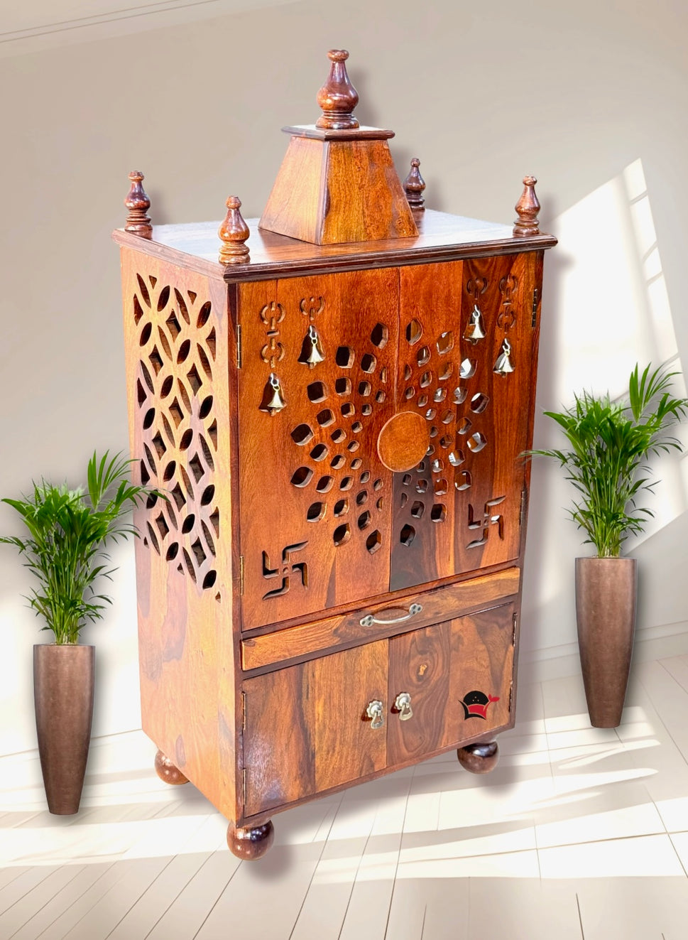 Wooden pooja home temple with door & storage box