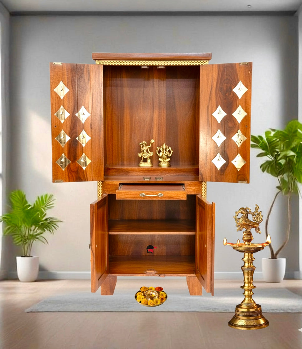 Wooden pooja temple with Doors & Drawers with tiles work
