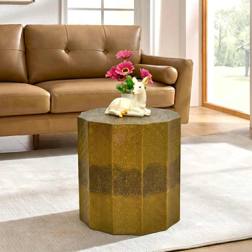 The wood Golden Embossed Hexagonal Side Table | Luxury Accent Table UAE