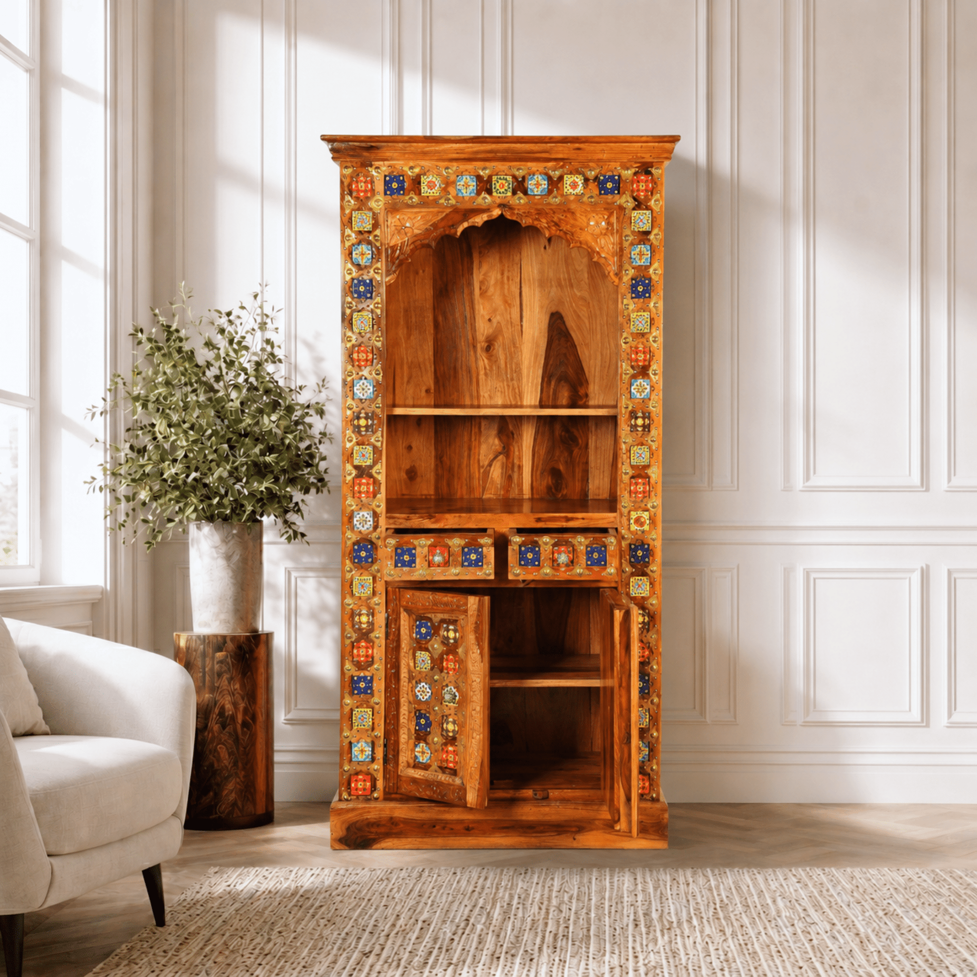 Luxury Sheesham Wood Prayer Shelf with Handcrafted Tiles & Storage