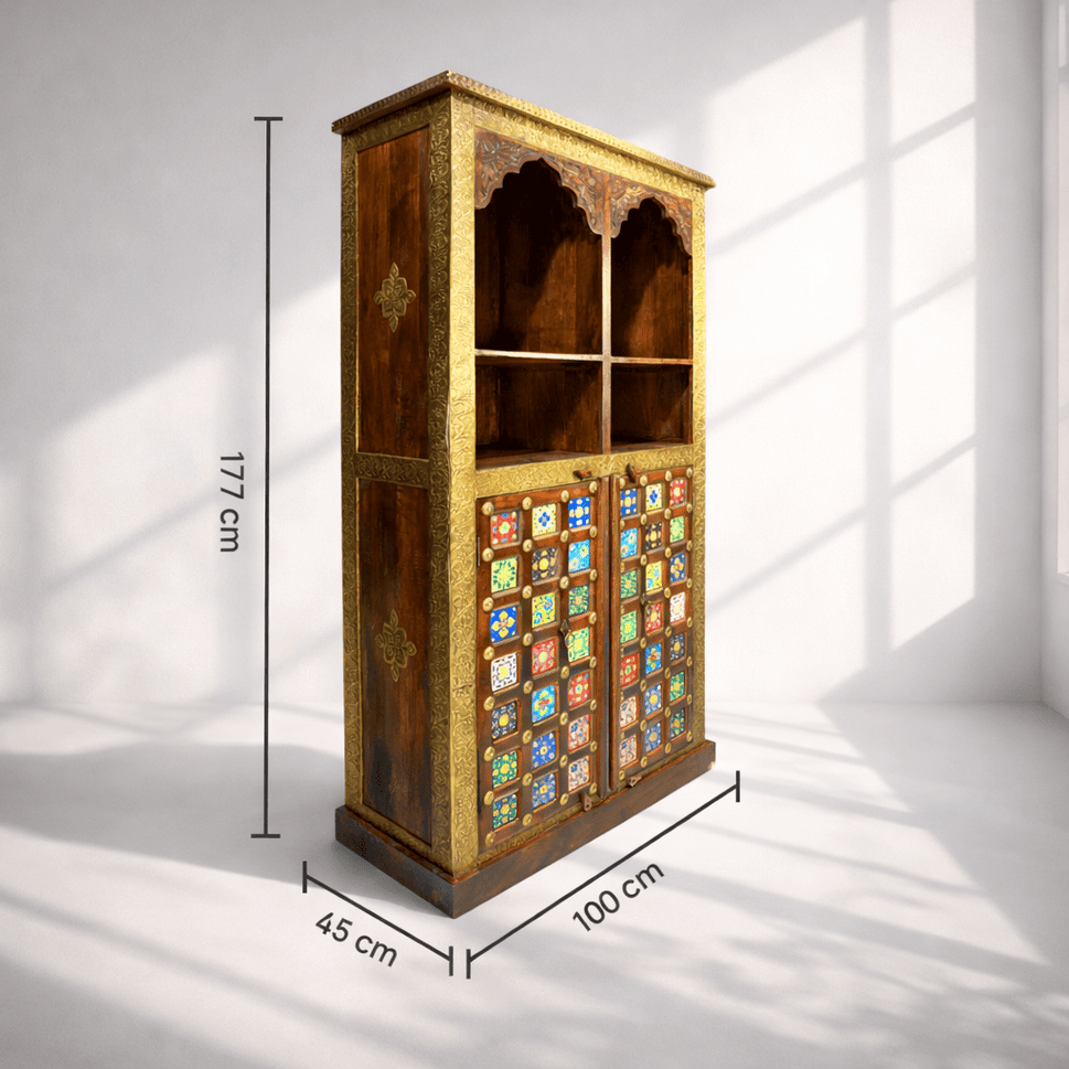 Solid wood ceramics tile fitted bookshelf with natural wood finish