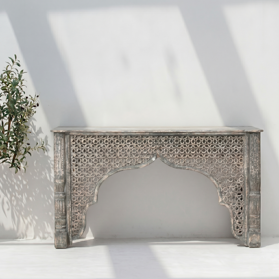 Rustic Carved Wooden Console Table with Moorish Arch Design