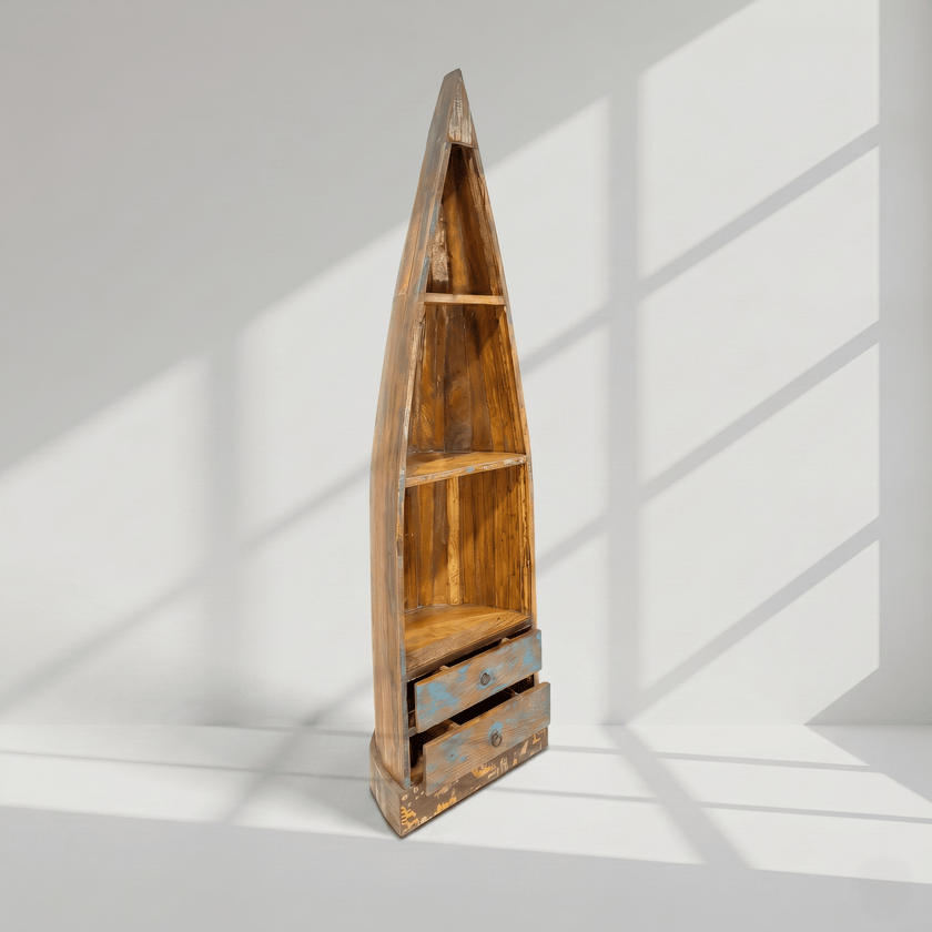 Handcrafted Boat Shape Wooden Bookshelf,Rustic Nautical Boat Bookcase for apartment UAE,Solid Wood Canoe Display Shelf,Vintage Boat Style Storage Cabinet,Decorative Coastal Wooden Bookcase,Luxury Nautical Display Unit,