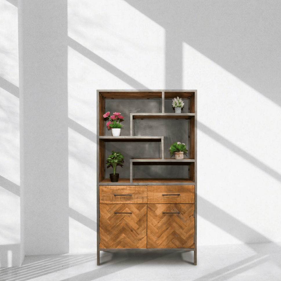Minimalist display cabinet with metal frame & storage