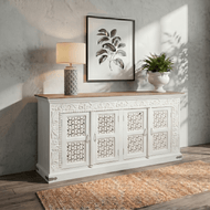 Solid mango wood hand carved 4 doors sideboard cabinet - rustic store console