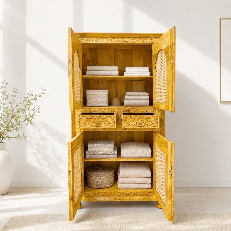 Hardwooden rattan cupboard with hand carving with natural wood finish