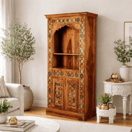 Luxury Sheesham Wood Prayer Shelf with Handcrafted Tiles & Storage