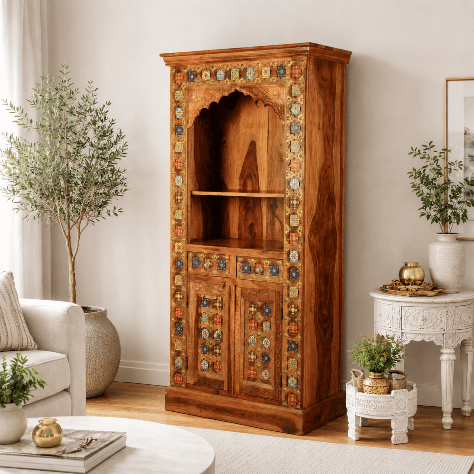 Luxury Sheesham Wood Prayer Shelf with Handcrafted Tiles & Storage