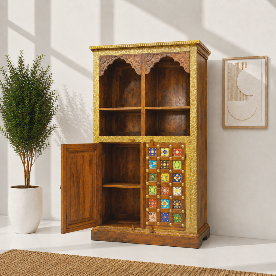 Solid wood ceramics tile fitted bookshelf with natural wood finish