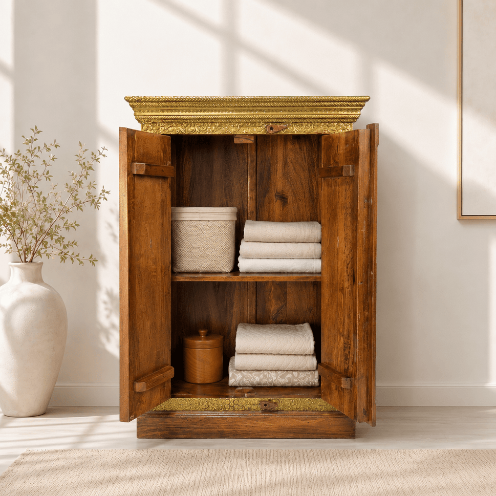 Rosewood Cabinet with Doors & Brass Fitted Storage