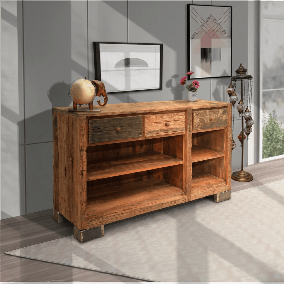 The Verona Reclaimed Wood Vintage Industrial console with open storage unit