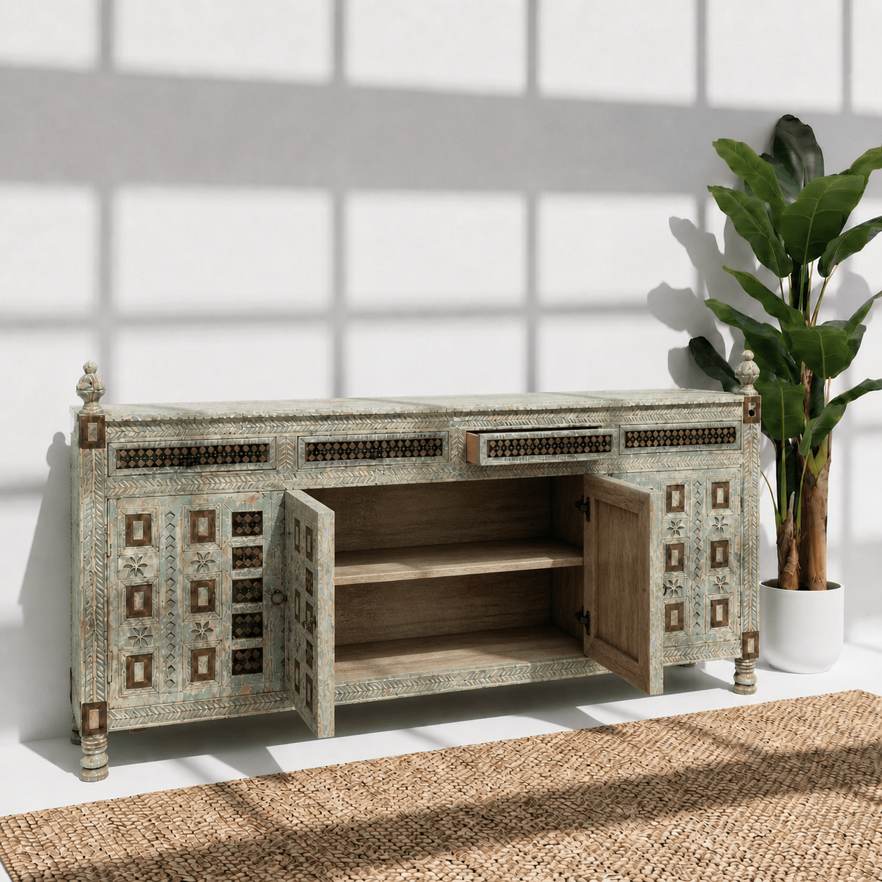 Classic antique finish solid wood ornate side buffet table with 4 doors and 4 drawer