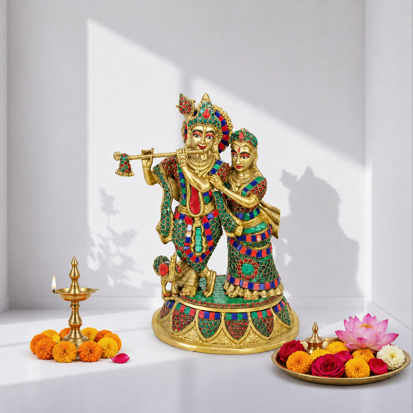 Divine Radha Krishna Pair Dubai,Stone Work Brass Krishna Idol,Antique Brass Radha Krishna Figurine,Solid brass God statue,
