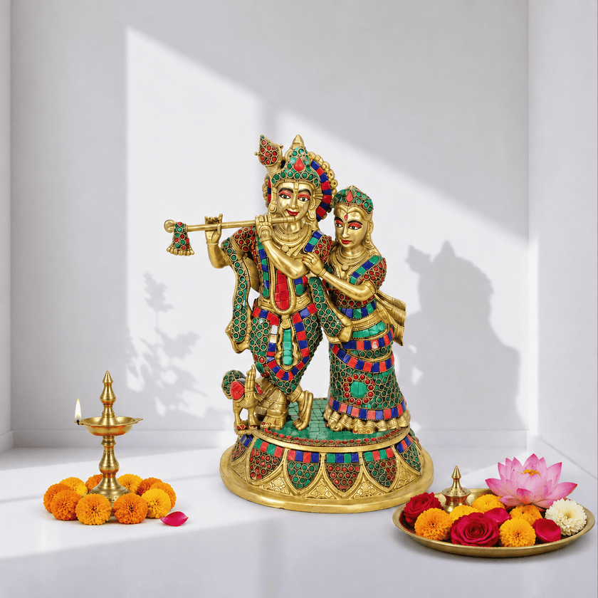 Divine Radha Krishna Pair Dubai,Stone Work Brass Krishna Idol,Antique Brass Radha Krishna Figurine,Solid brass God statue,