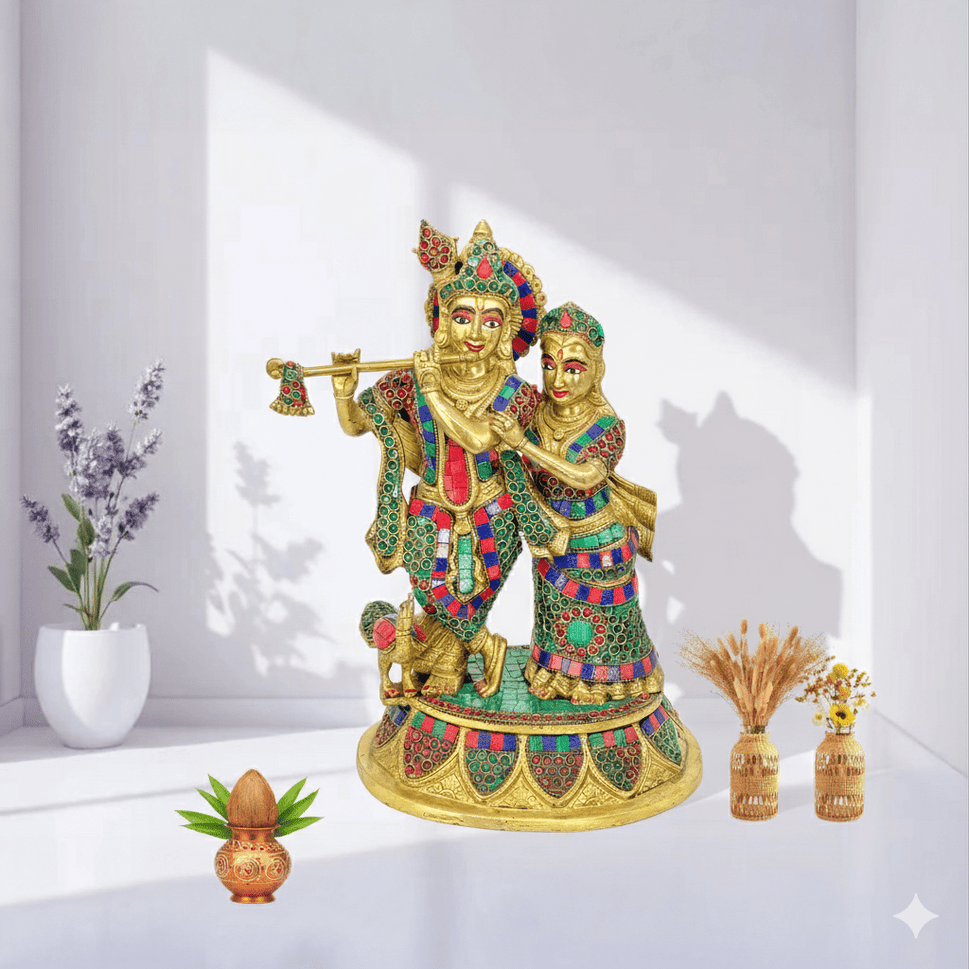 Brass Radha Krishna idol pair with stone work
