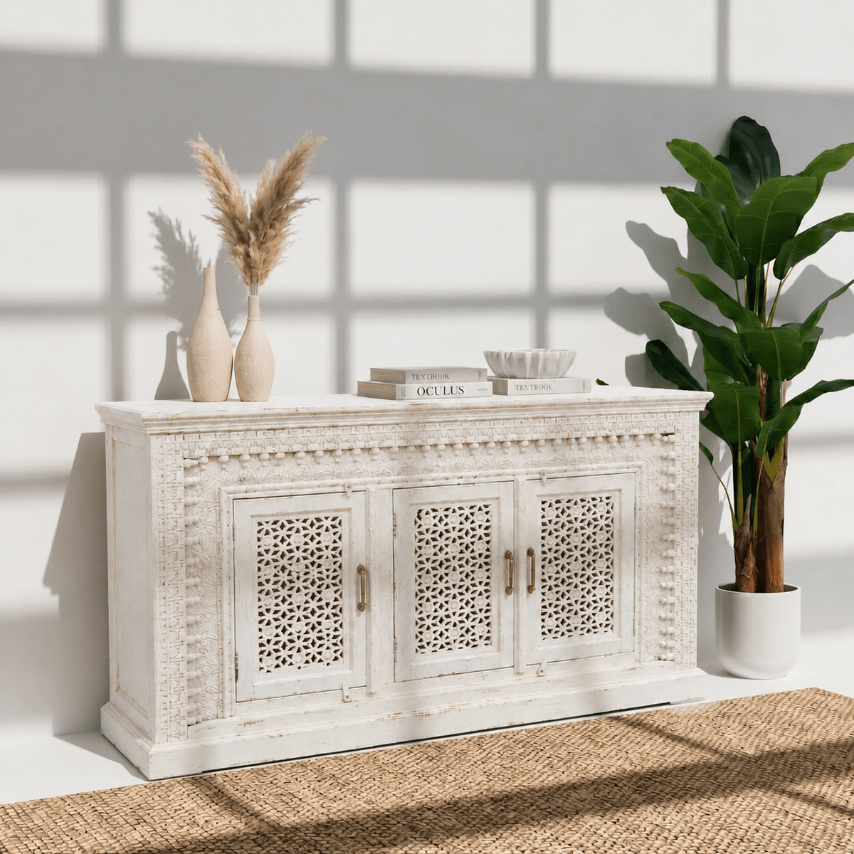 Vintage Style White Wooden Credenza with Lattice Panels