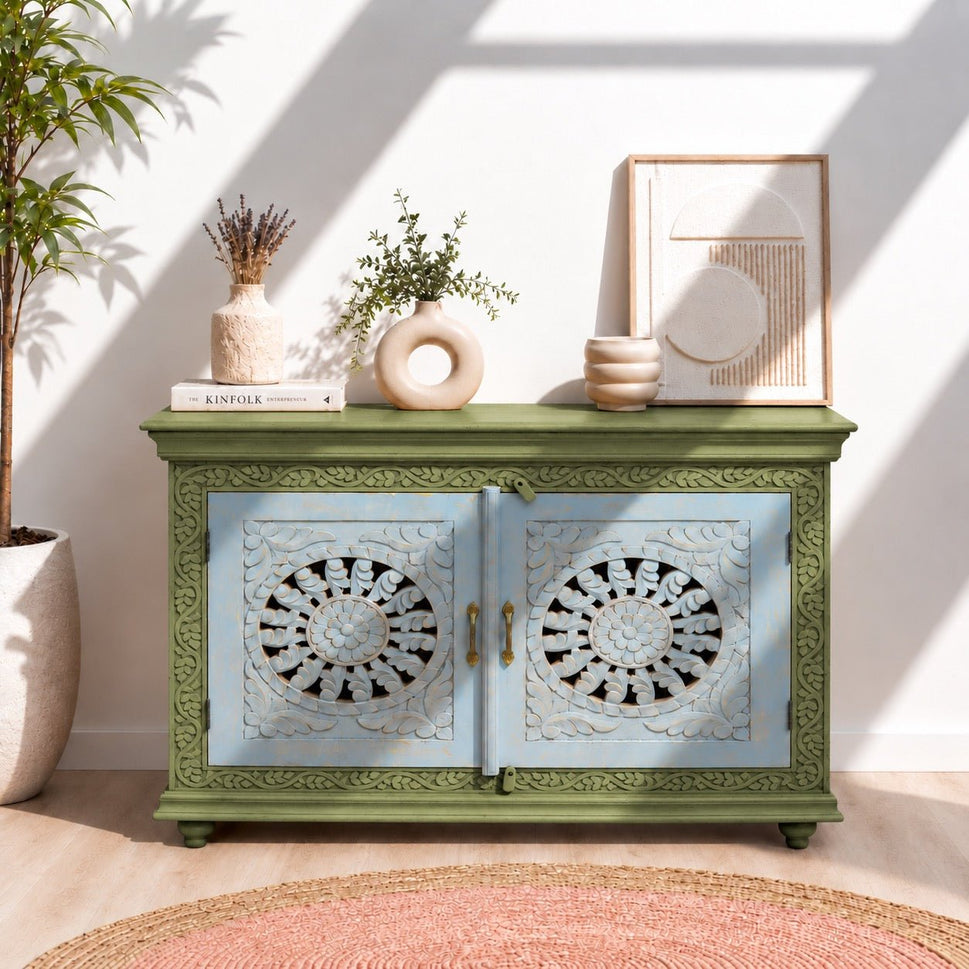 Unique Hand-Carved Mango Wood Sideboard for Villas and Homes