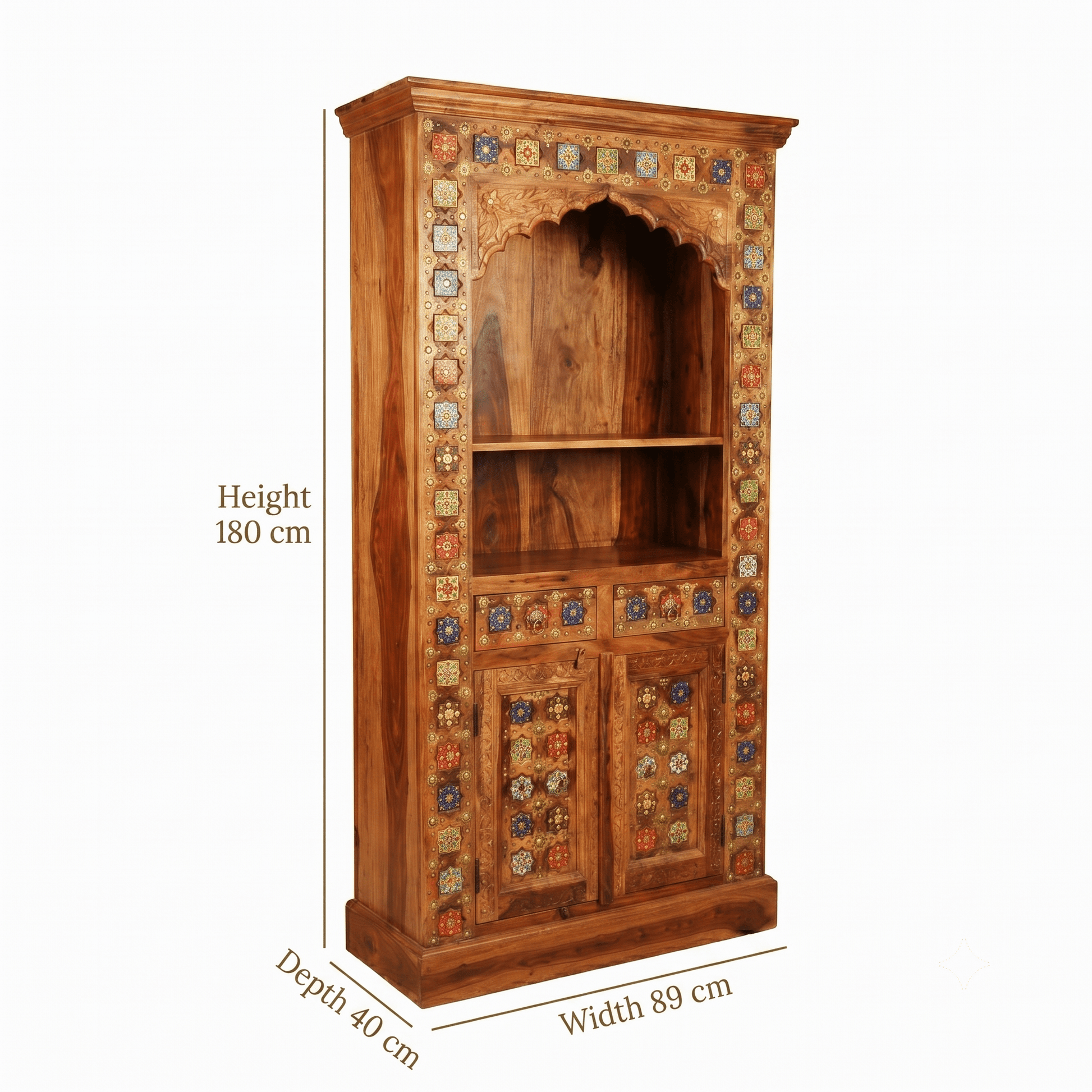 Luxury Sheesham Wood Prayer Shelf with Handcrafted Tiles & Storage